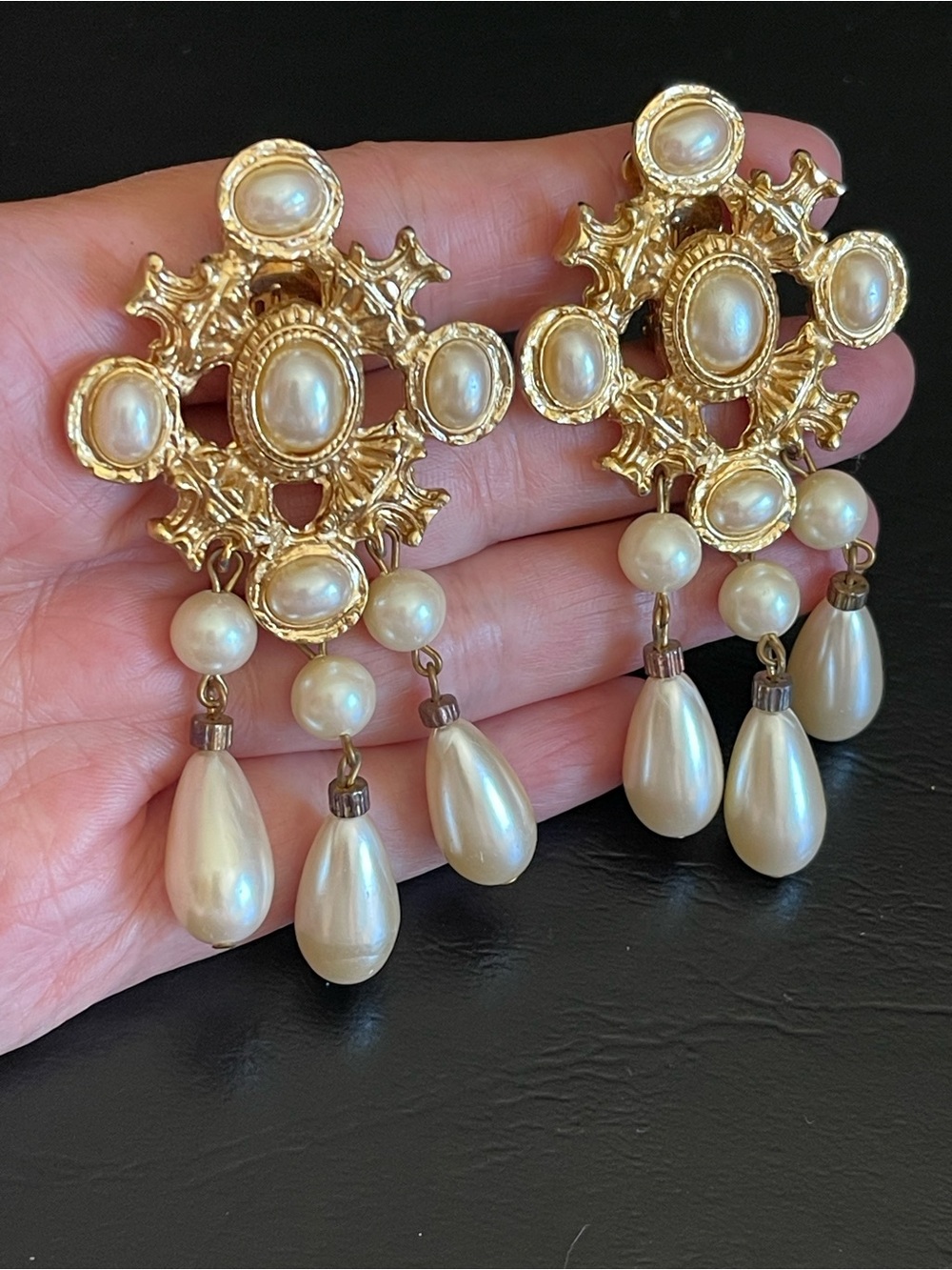 Vintage Ellen Designs faux Pearl Drop Statement Earrings